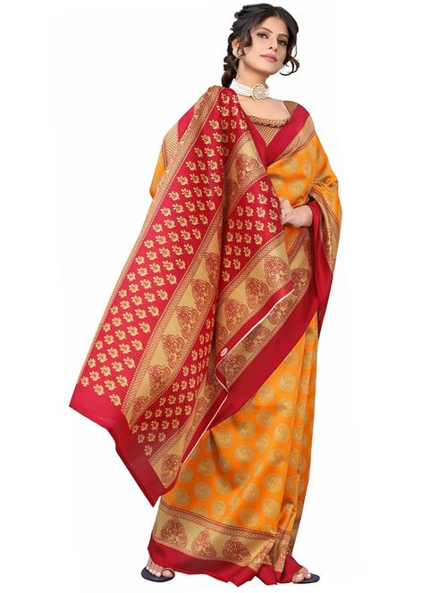 women mustard printed bordered saree with blouse - 21396598 - Very Small Image - 1