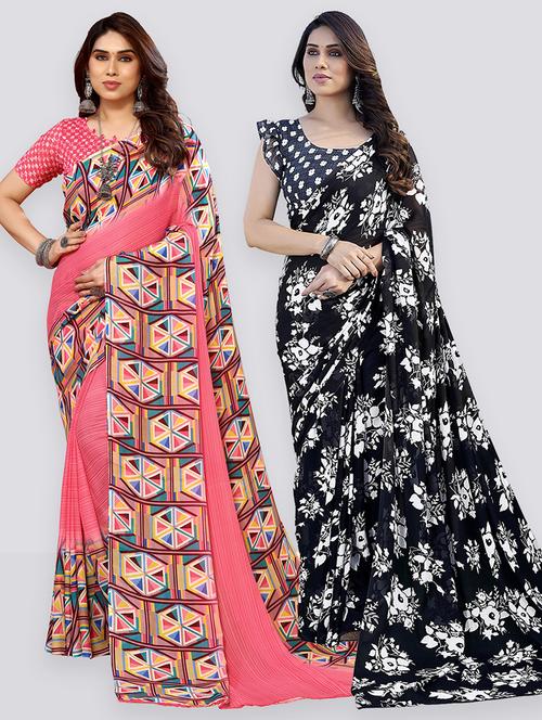 pack of 2 printed casual wear sarees with blouse - 21402848 - Very Small Image - 1