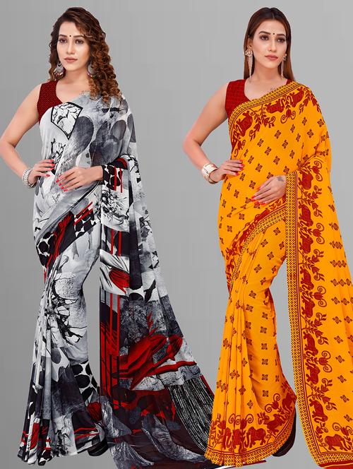 pack of 2 printed casual wear sarees with blouse - 21405774 - Very Small Image - 1