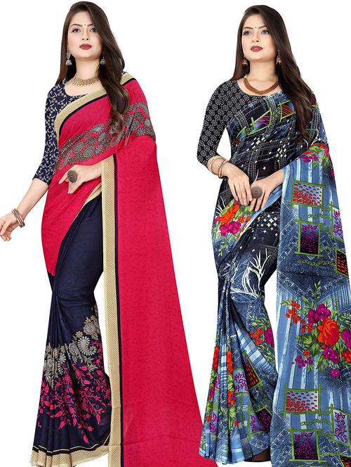 pack of 2 printed casual wear sarees with blouse - 21432246 - Very Small Image - 1