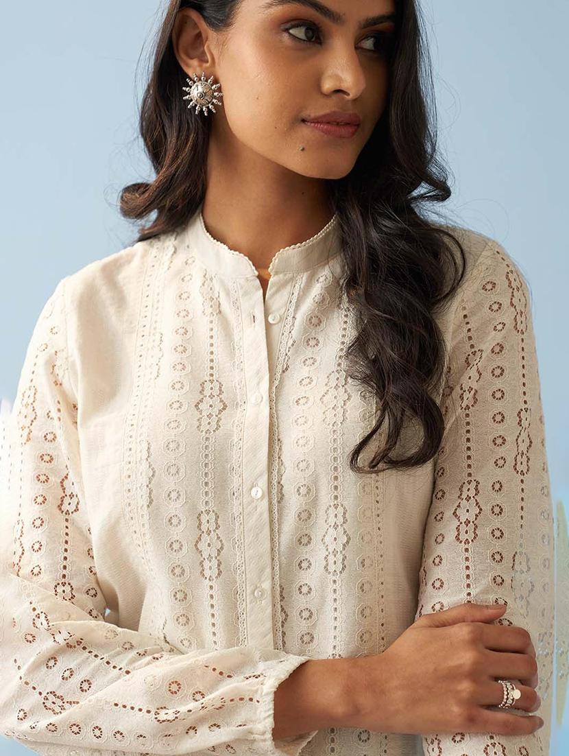women self design lace mandarin neck tunic - 21452062 - Standard Image - 5