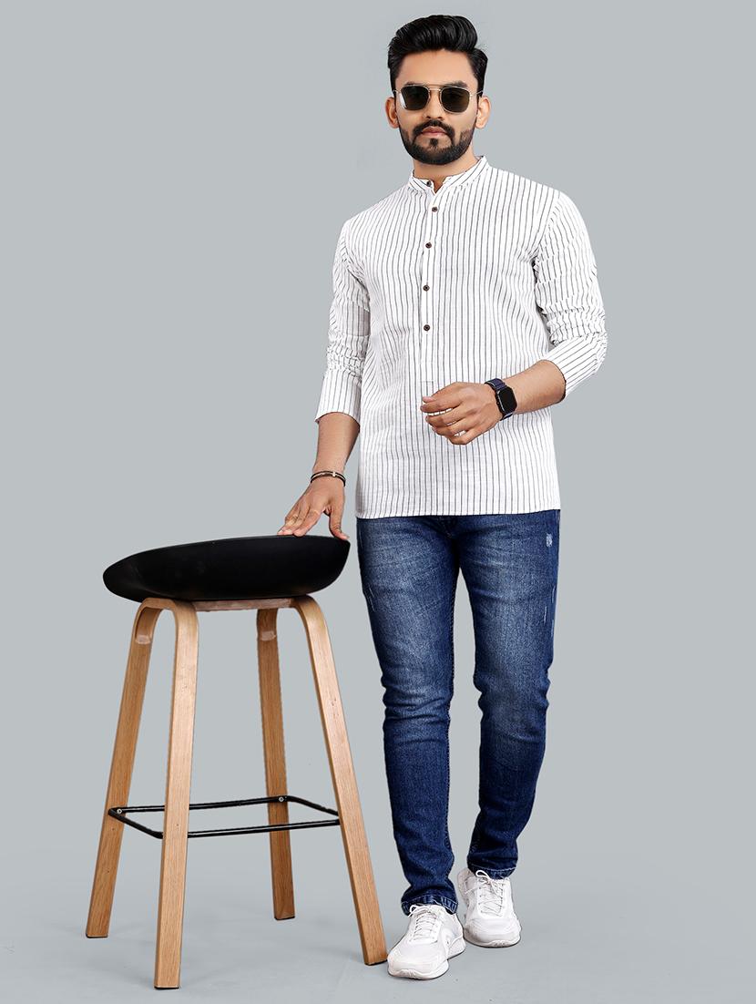 men striped long sleeve short kurta - 21454340 - Standard Image - 3