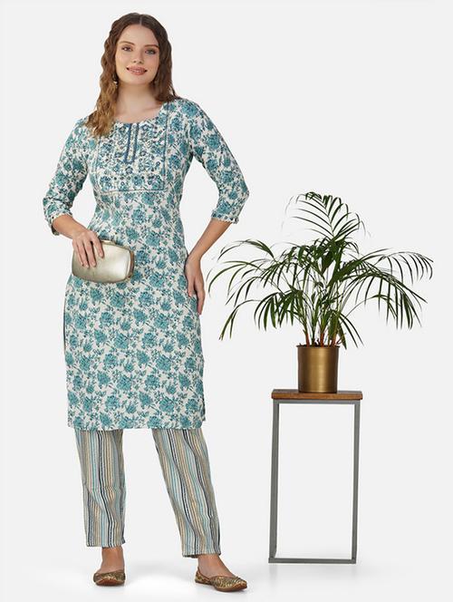 teal self-designed kurta pant set - 21454690 - Very Small Image - 1