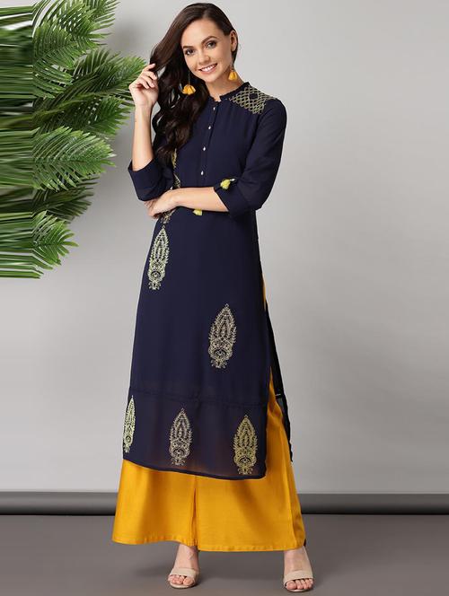 women navy blue polyester straight kurta - 21458715 - Very Small Image - 1