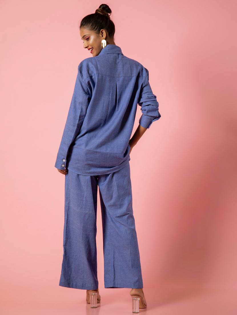 women blue cotton blend shirt and trouser co-ord set - 21460141 - Standard Image - 3