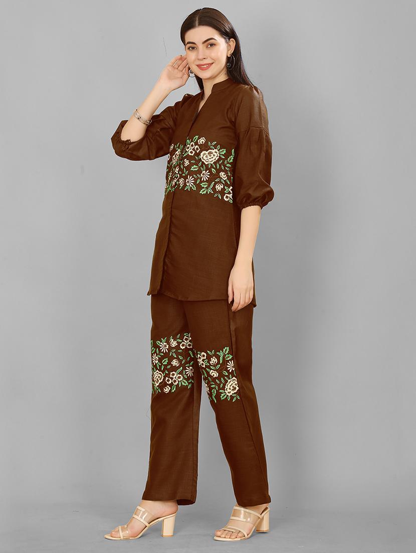 women coffee brown embroidered co-ord set - 21463350 - Zoom Image - 2