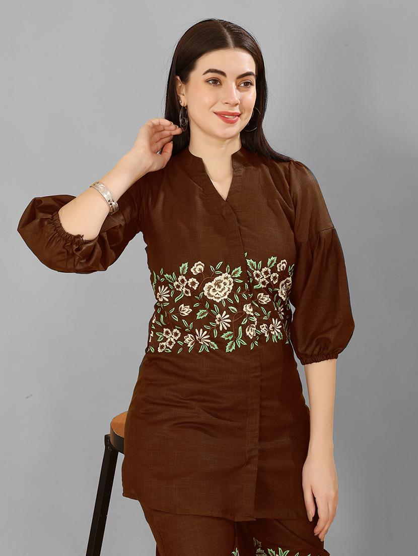 women coffee brown embroidered co-ord set - 21463350 - Standard Image - 4