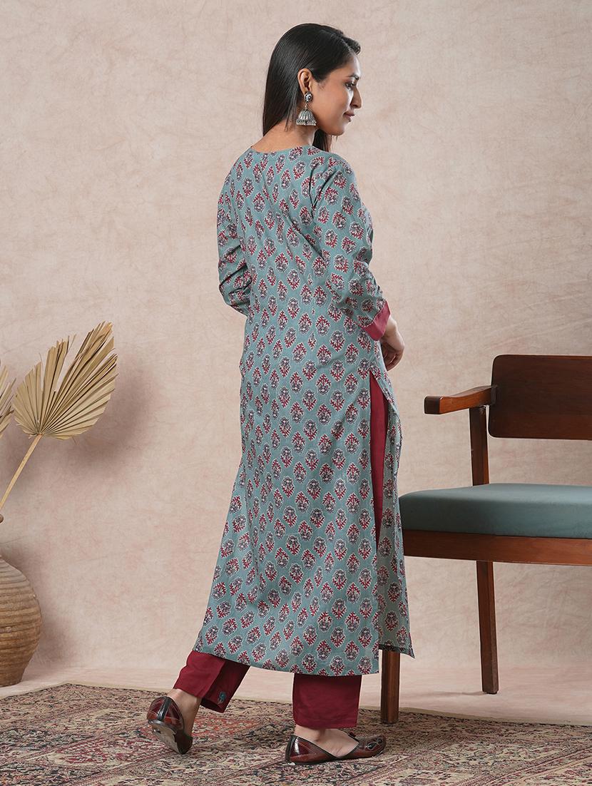 blue cotton straight kurta - 21466706 - Standard Image - 4