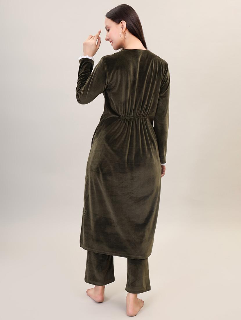 olive lace work velvet kurta palazzo set - 21473472 - Standard Image - 3