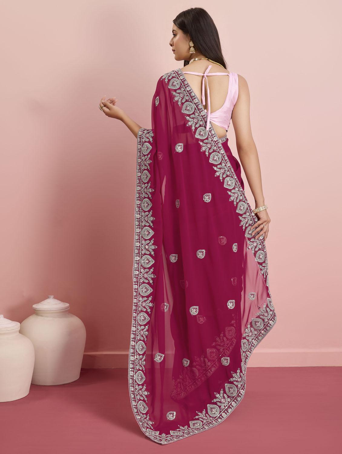 burgundy georgette embroidered saree with blouse - 21481635 - Standard Image - 2