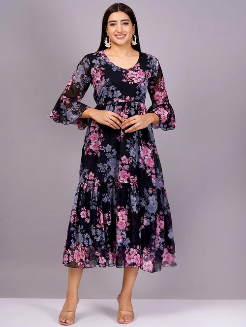 women floral printed v neck tiered dress - 21482619 - Standard Image - 0
