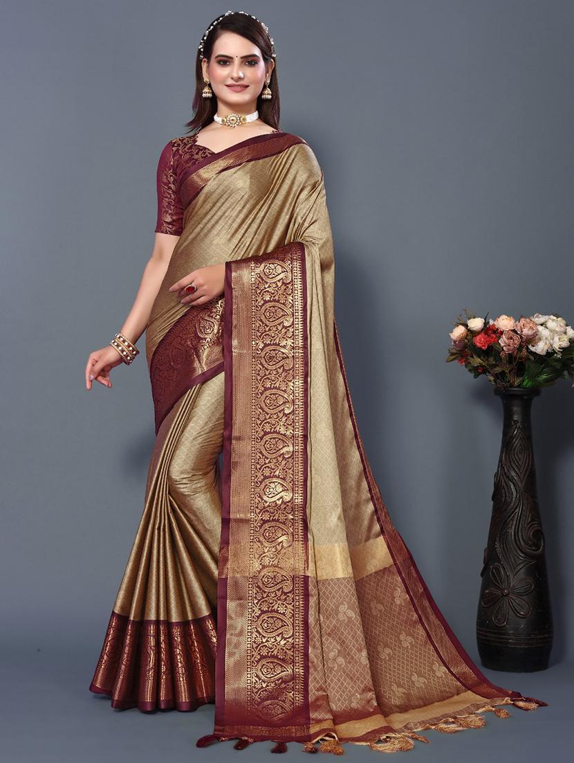 women beige self design dharmavaram saree