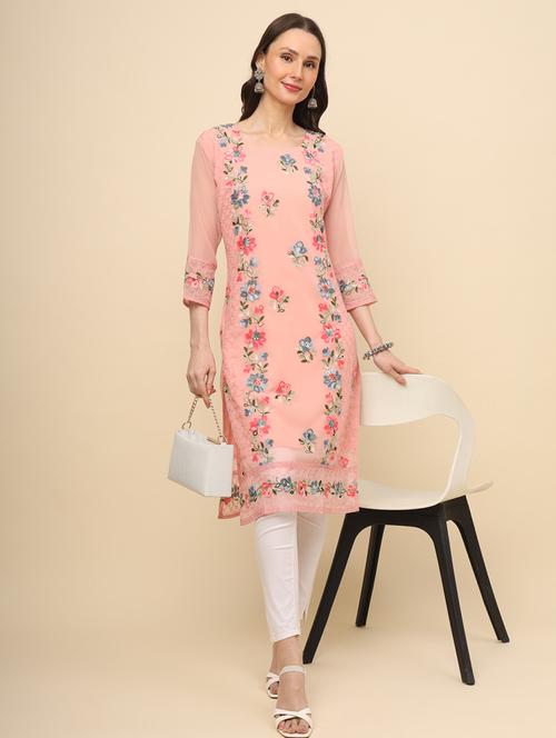 women peach georgette straight kurta - 21484836 -  Standard Image - 0