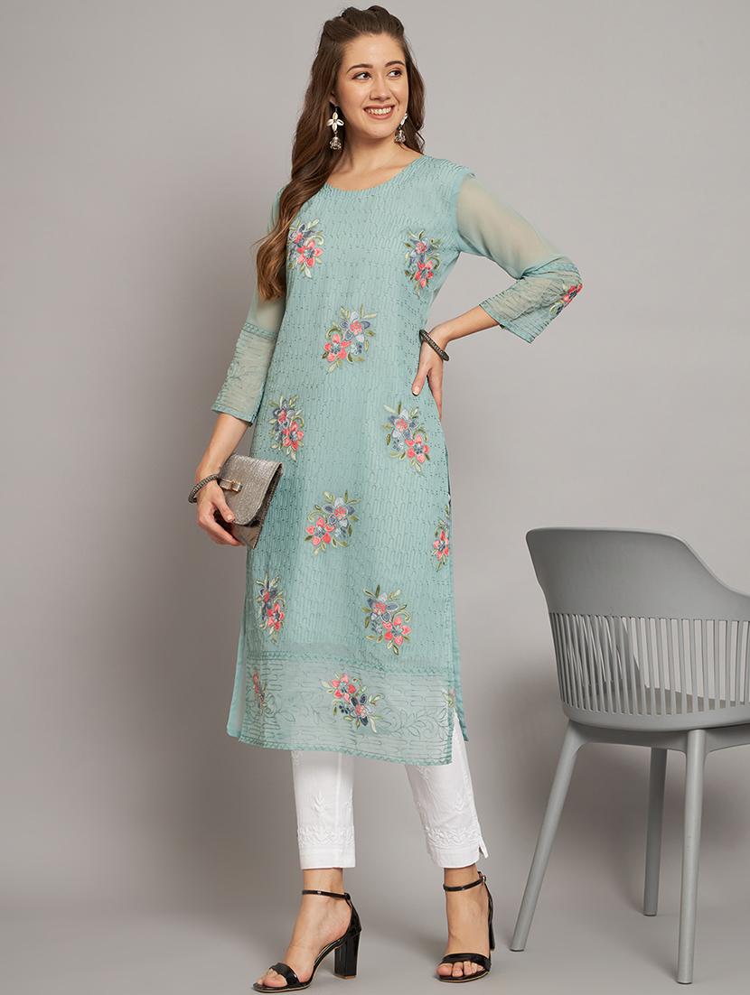 women sea green georgette straight kurta