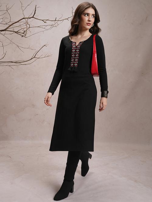 black embroidered a-line kurta - 21486702 - Very Small Image - 1