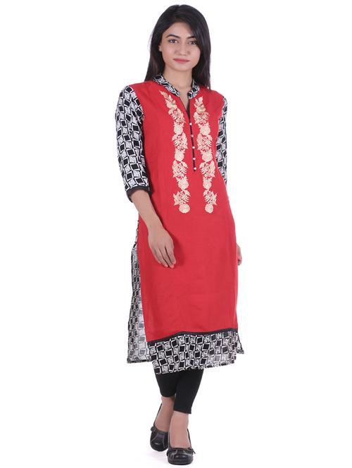 red embroidered straight kurta - 21494659 - Very Small Image - 1