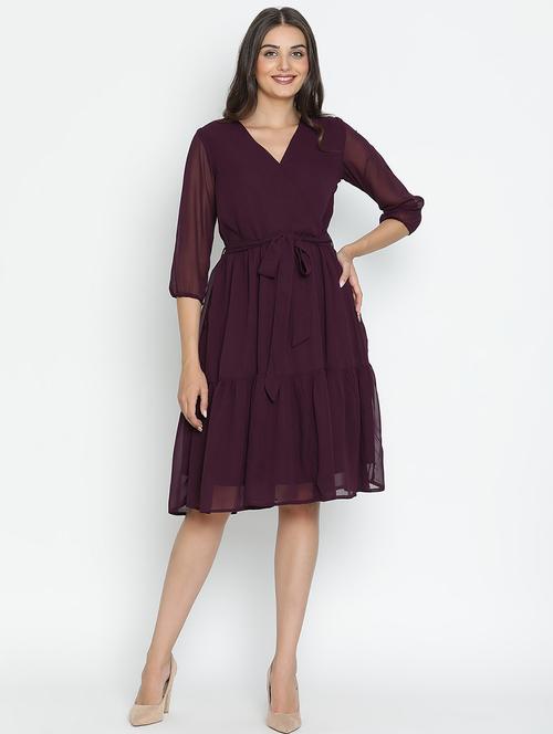 women burgundy polyester fit & flare dress - 21496482 -  Standard Image - 0