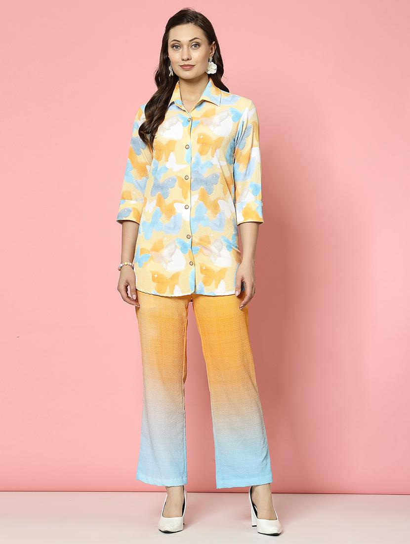 women yellow cotton blend shirt and trouser co-ord set - 21496545 - Zoom Image - 0