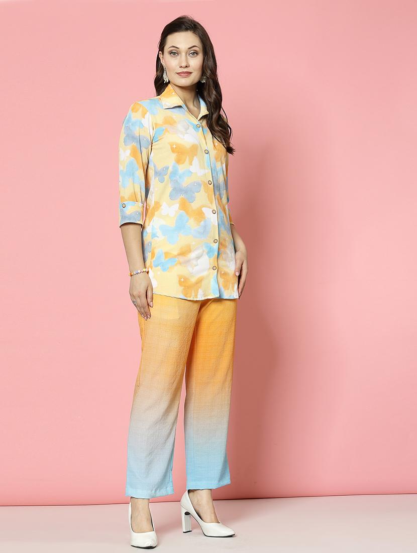 women yellow cotton blend shirt and trouser co-ord set - 21496545 - Standard Image - 3
