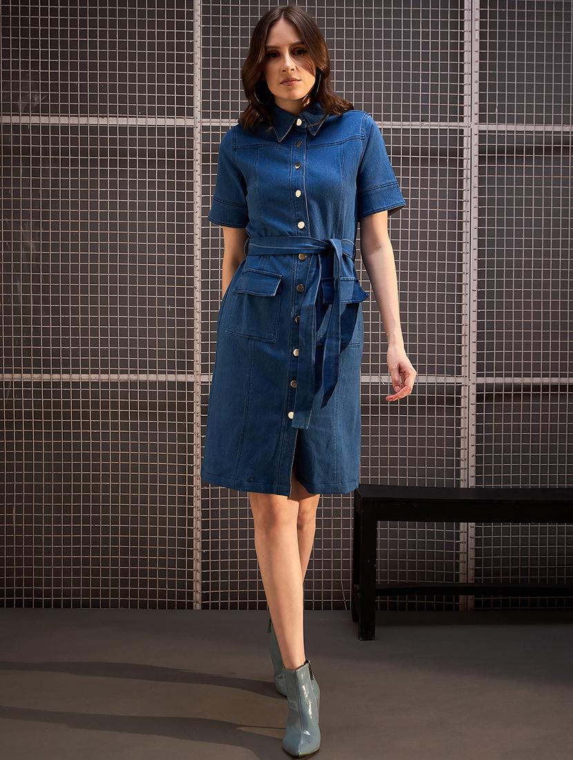 women blue denim shirt dress