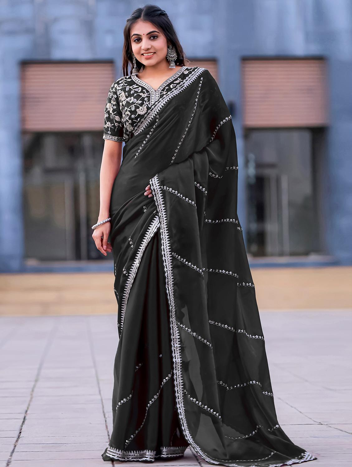 women black embroidered saree - 21501227 - Zoom Image - 0
