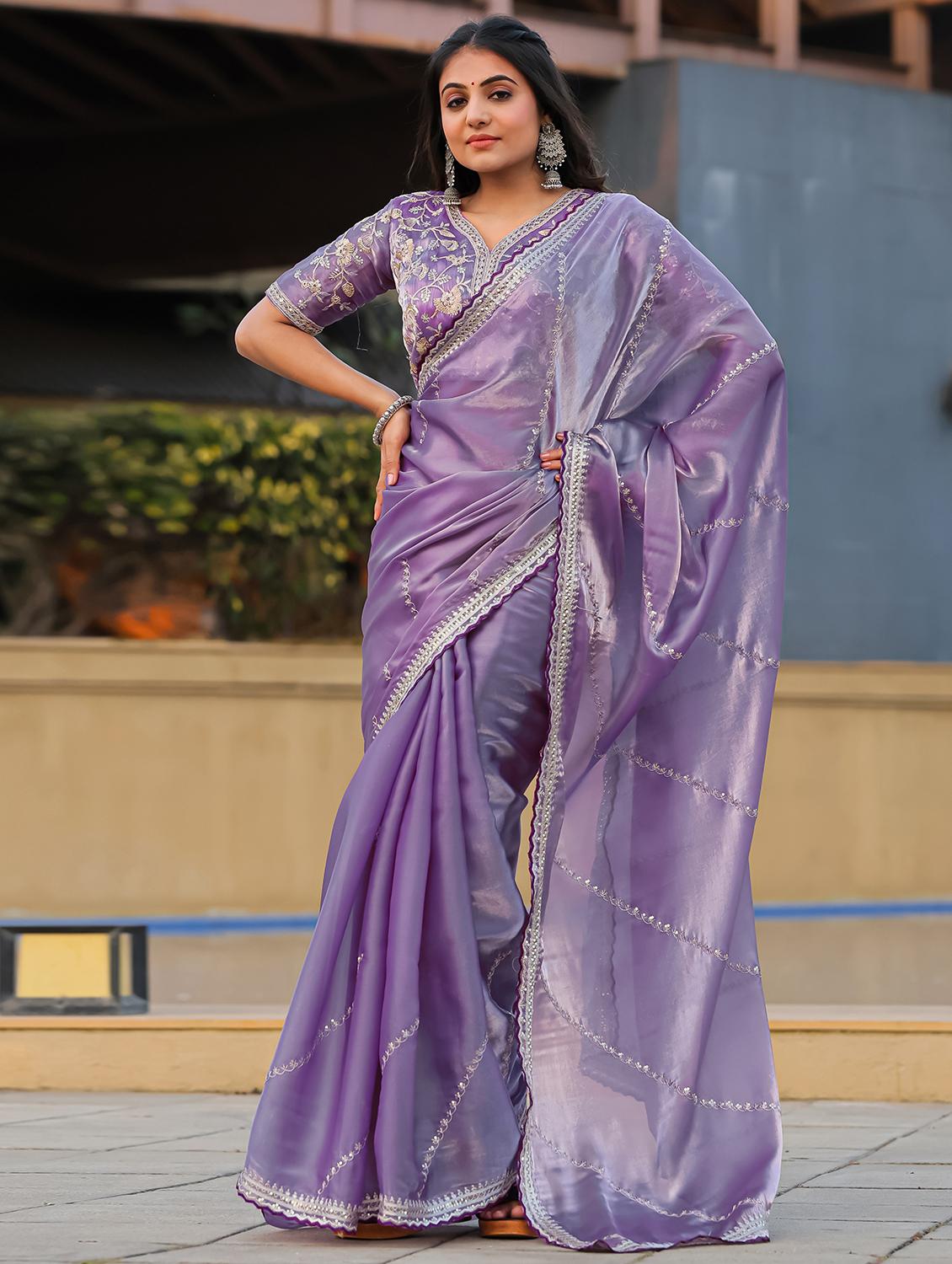 women lavender embroidered saree