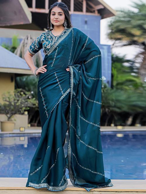 women teal green embroidered saree - 21501230 -  Standard Image - 0