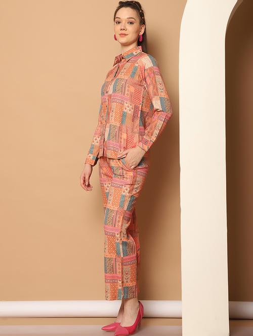 women orange printed shirt and trouser co-ord set - 21506930 - Standard Image - 0