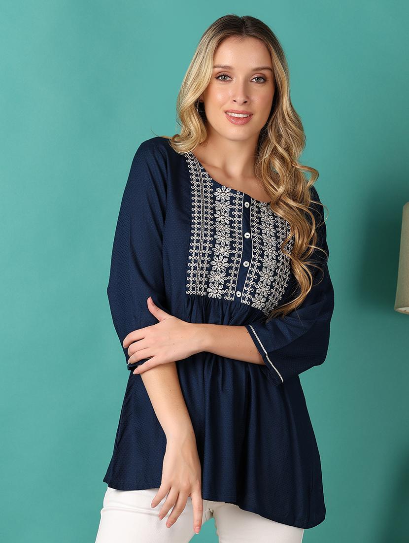 women navy blue embroidered a-line kurti - 21509967 -  Zoom Image - 0