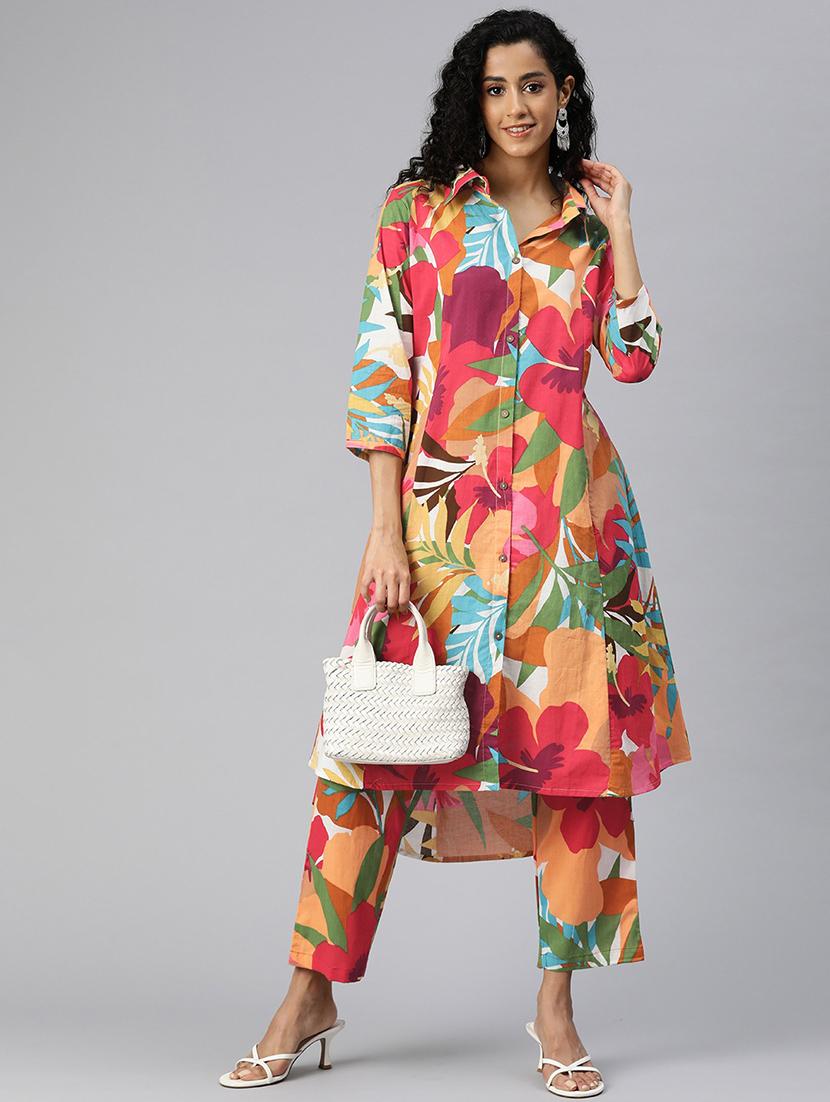 women shirt collar printed co-ord set