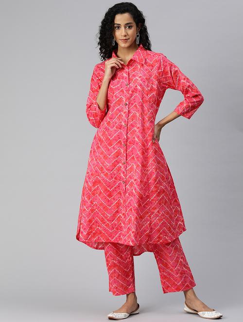 women shirt collar printed kurta pant set - 21510345 - Very Small Image - 1