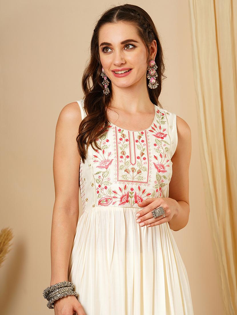 women's white round neck floral embroidered yoke pleated a-line calf length kurta & trouser festive set - 21511031 - Standard Image - 3
