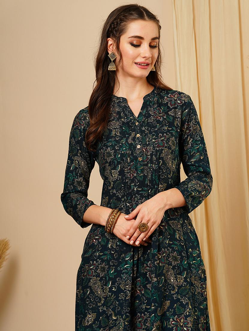 women's blue mandarin collar floral printed pleated a-line workwear kurta - 21511044 - Standard Image - 3