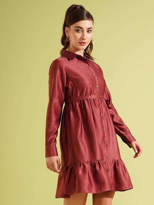 globus women dusty pink collared front opening cuffed sleeves fit & flared shirt style party dress - 21511057 - Very Small Image - 1