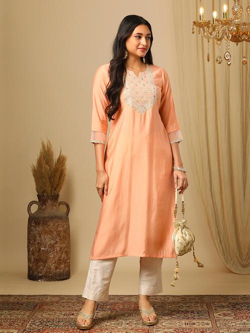 women's pink zari embroidered yoke round neck straight calf length ethnic kurta - 21511682 - Standard Image - 0