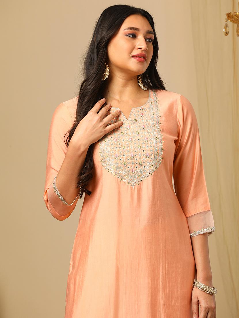 women's pink zari embroidered yoke round neck straight calf length ethnic kurta - 21511682 - Standard Image - 3