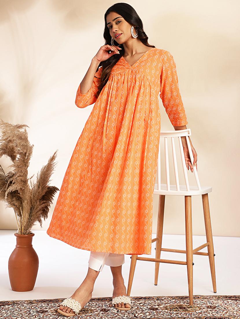 orange cotton flared kurta - 21512799 - Standard Image - 3