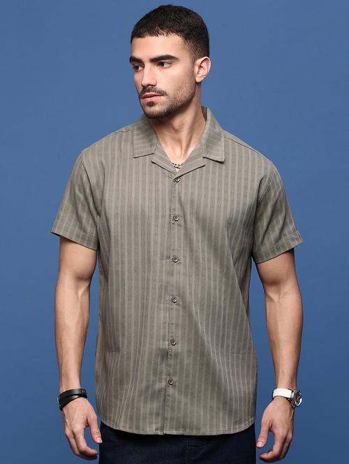men olive cotton blend casual shirt - 21514718 - Very Small Image - 1