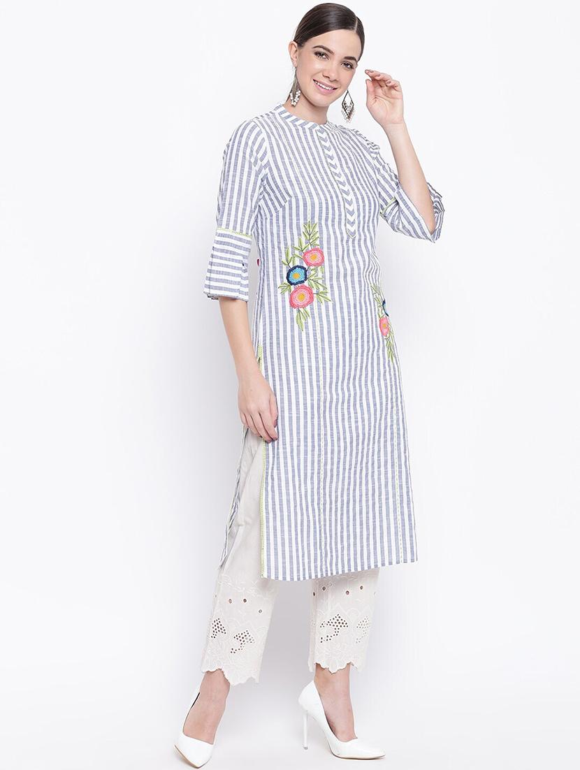 women grey stripes mandarin neck straight kurta - 21526003 - Zoom Image - 1