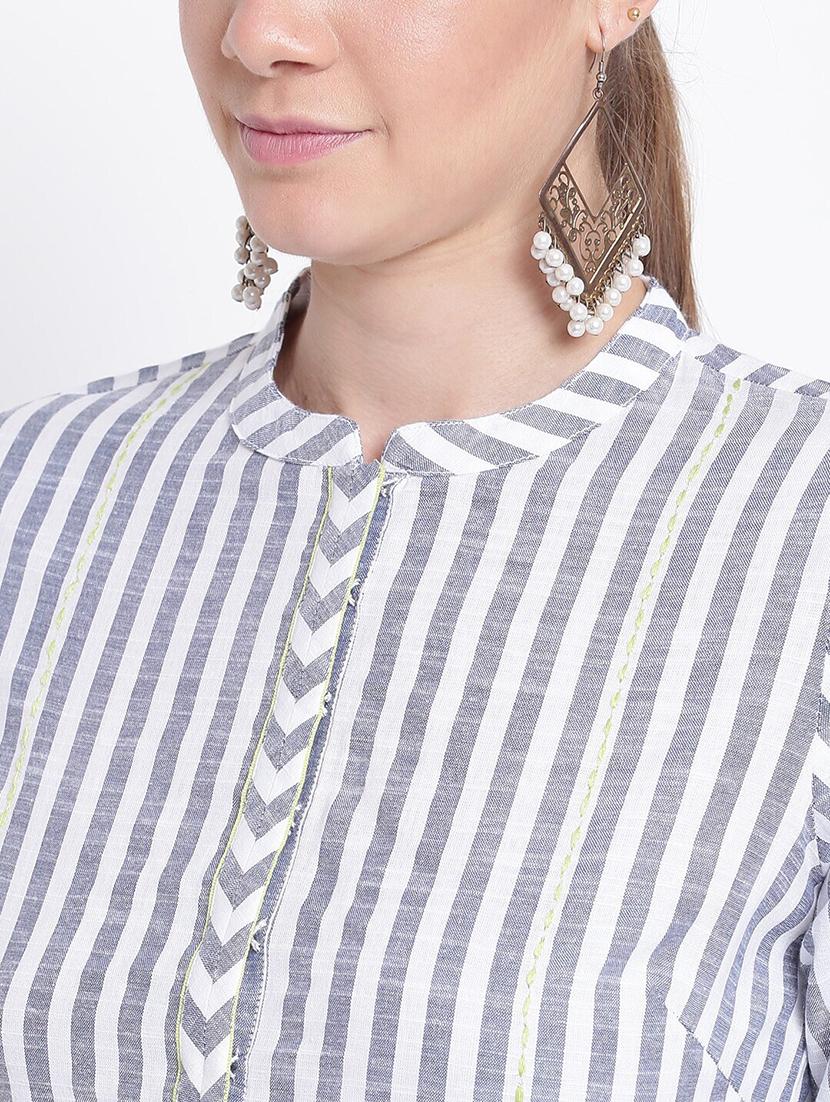 women grey stripes mandarin neck straight kurta - 21526003 - Zoom Image - 4