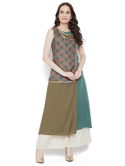 women color block round neck a-line kurta - 21526099 - Very Small Image - 1