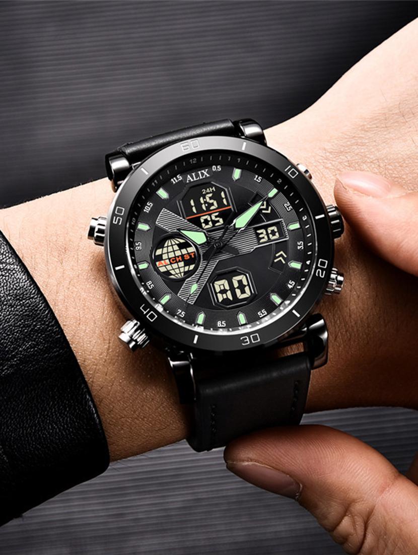 black color sports stylish features loaded leather sports analog-digital watch - for men 3042 - 21530051 - Standard Image - 3