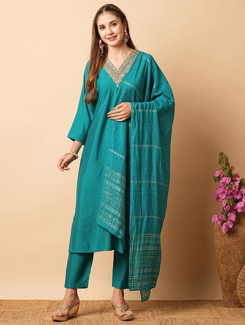women three quarter sleeve embroidered suit set - 21530505 - Standard Image - 0