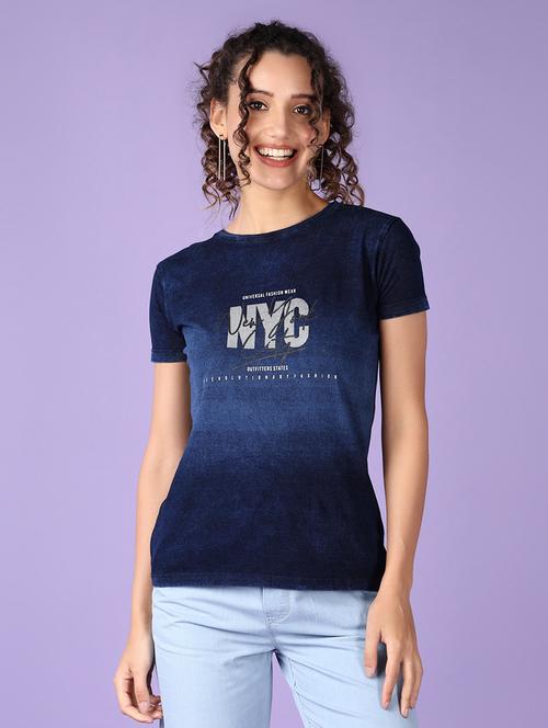 women front print round neck t-shirt - 21531559 - Very Small Image - 1