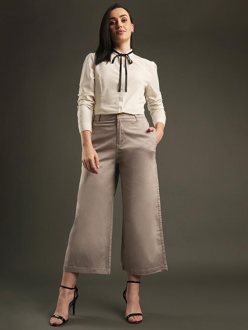 globus women clay satin stretchable mid-rise relaxed fit flat front cropped wide leg formal trousers - 21534464 - Standard Image - 3