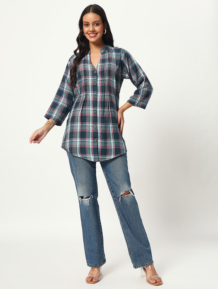 women checked printed mandarin collared shirt - 21539216 - Standard Image - 3