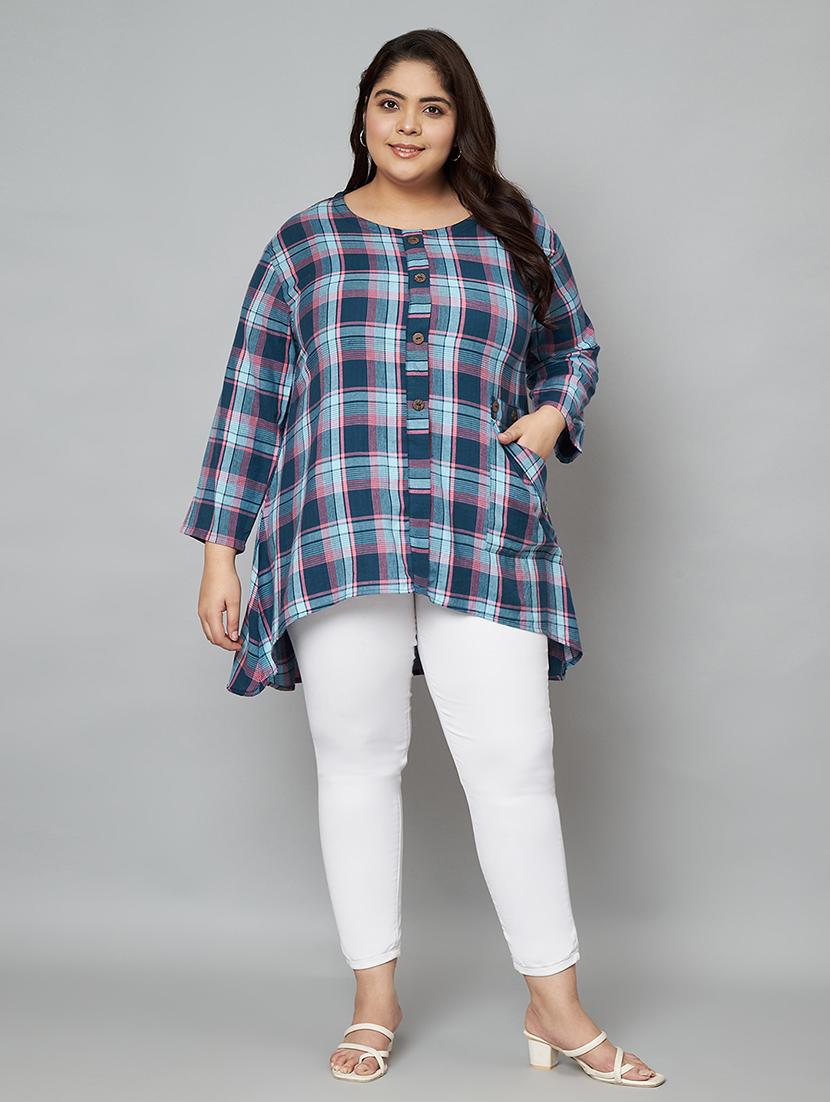 women checked printed plus size asymmetric top - 21539217 - Standard Image - 4