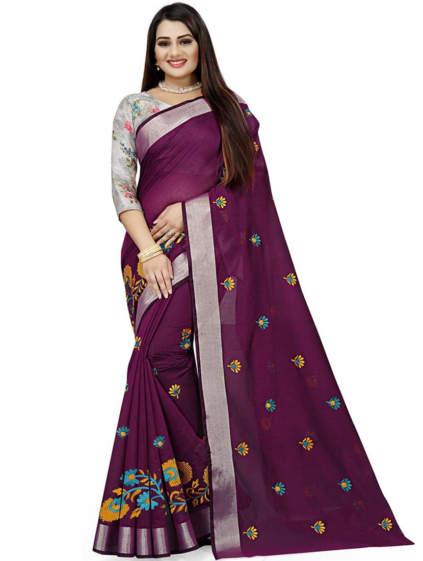 women purple embroidered saree