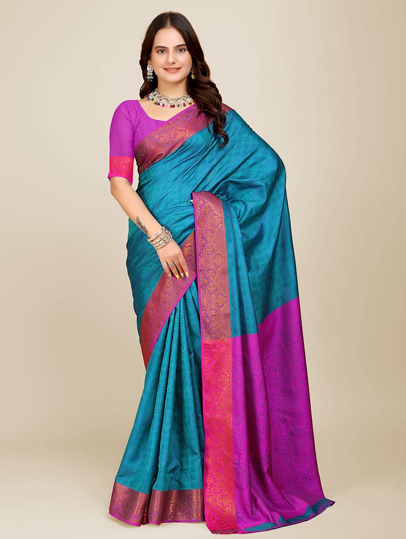 women light blue self design zari bordered saree