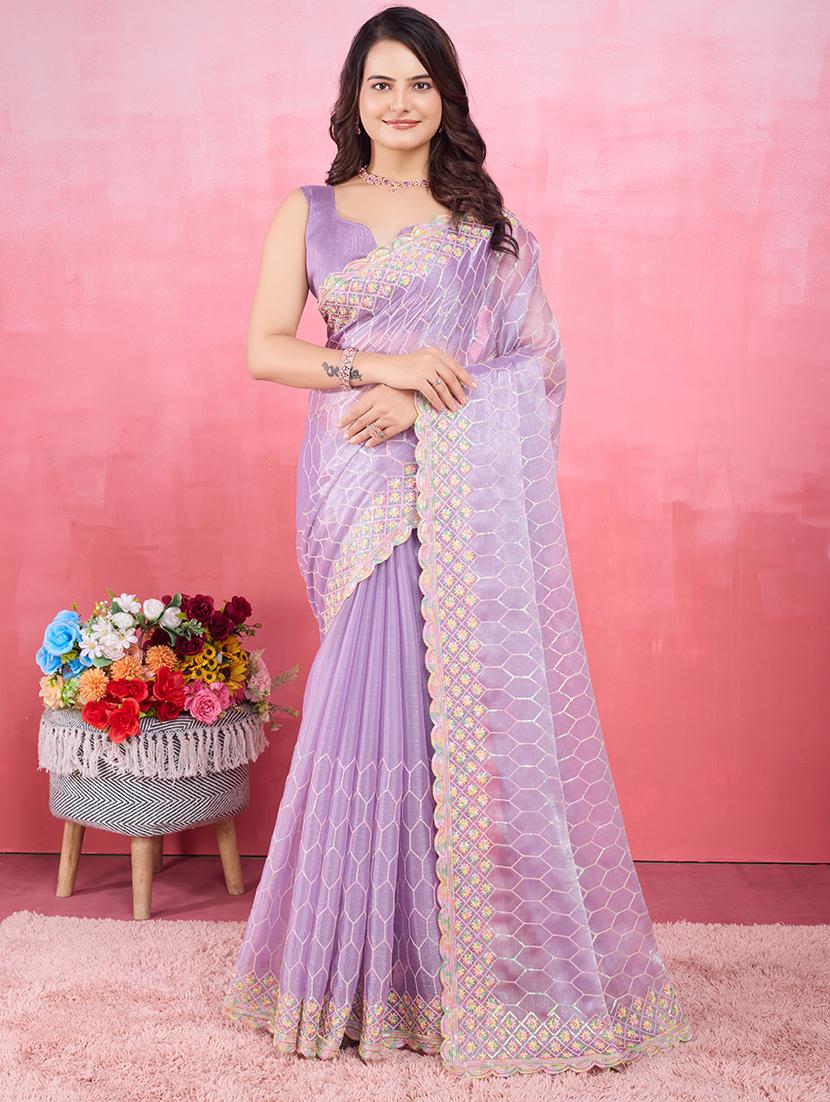 women lavender embroidered saree